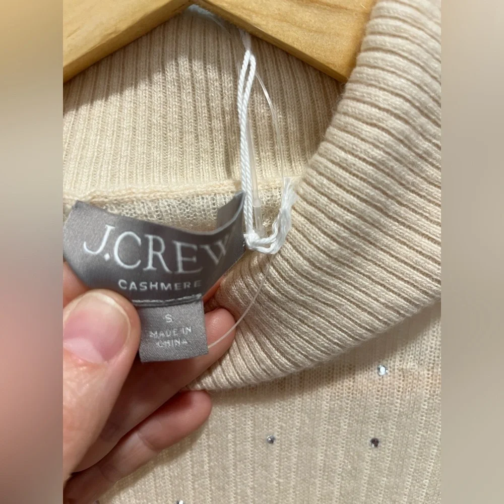 J Crew Featherweight cashmere turtleneck sweater with rhinestones Buttercream S